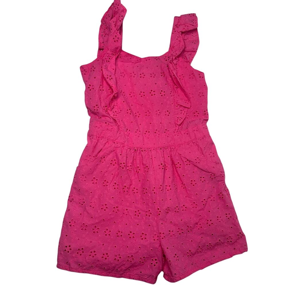 Janie and Jack Pink Eyelet Romper Girls 8 Ruffle Strap Summer Vacation Outfit - Picture 2 of 11